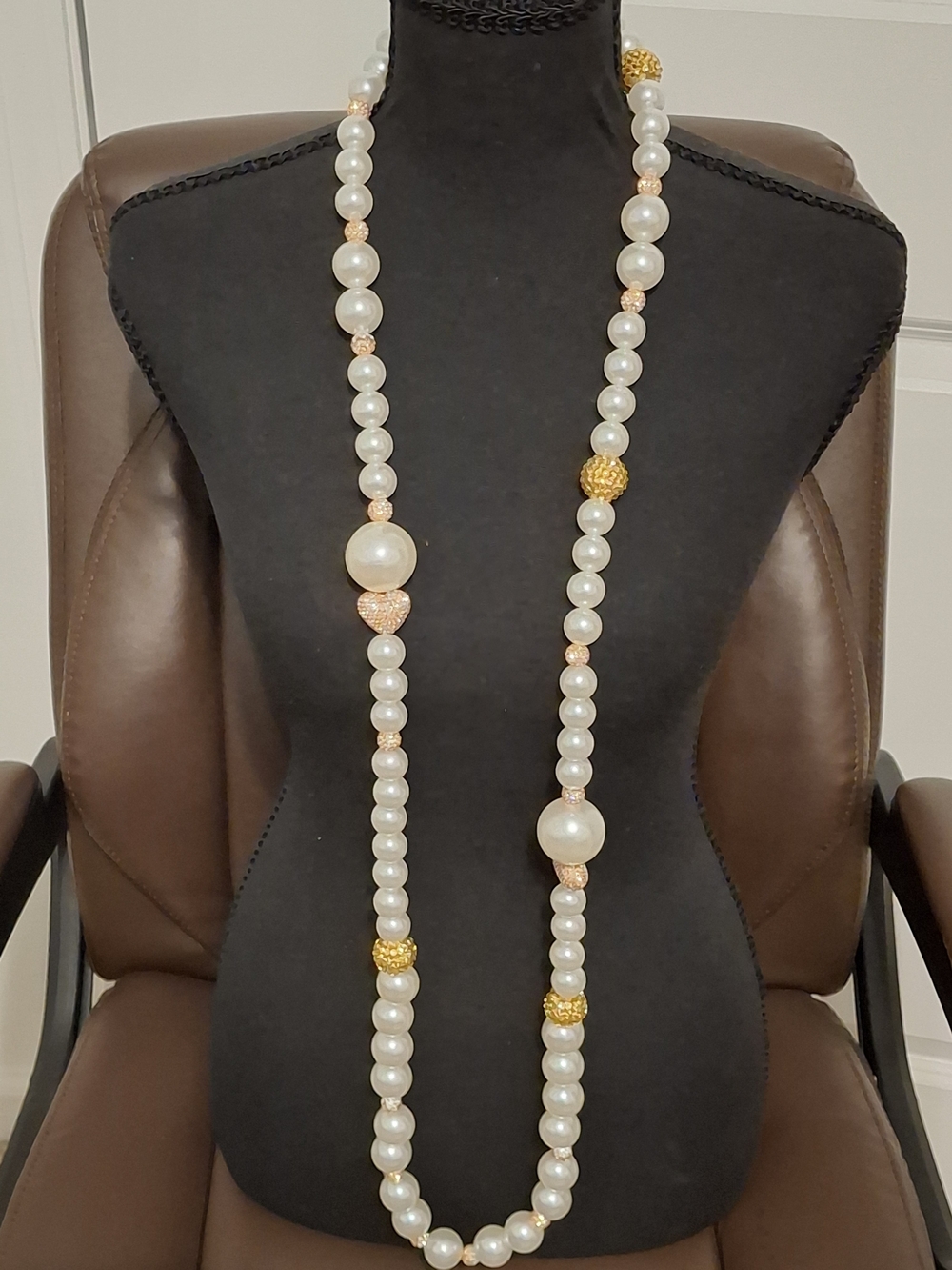 26 Inch Elegant Pearl and Gold Bead Long Necklace - White Pearls